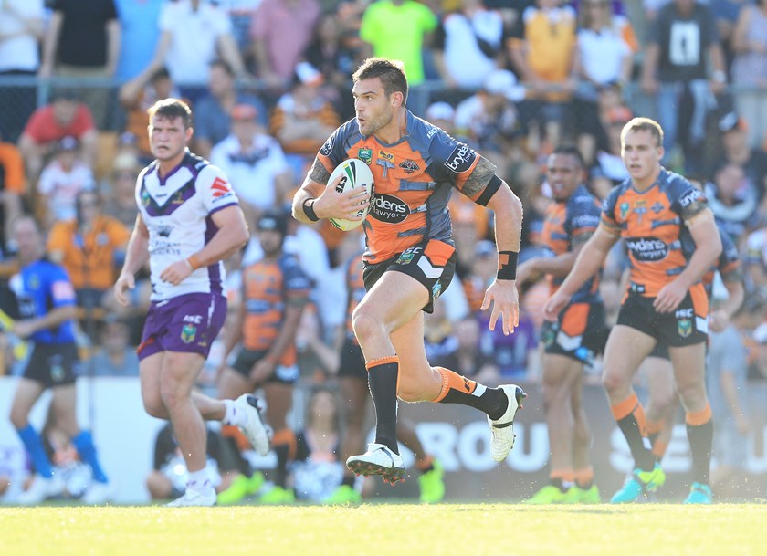 The big unit in action for Wests Tigers against the Storm in 2017
