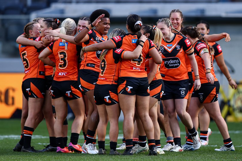 Wests Tigers celebrate their historic win over the Eels in Round 1, 2023