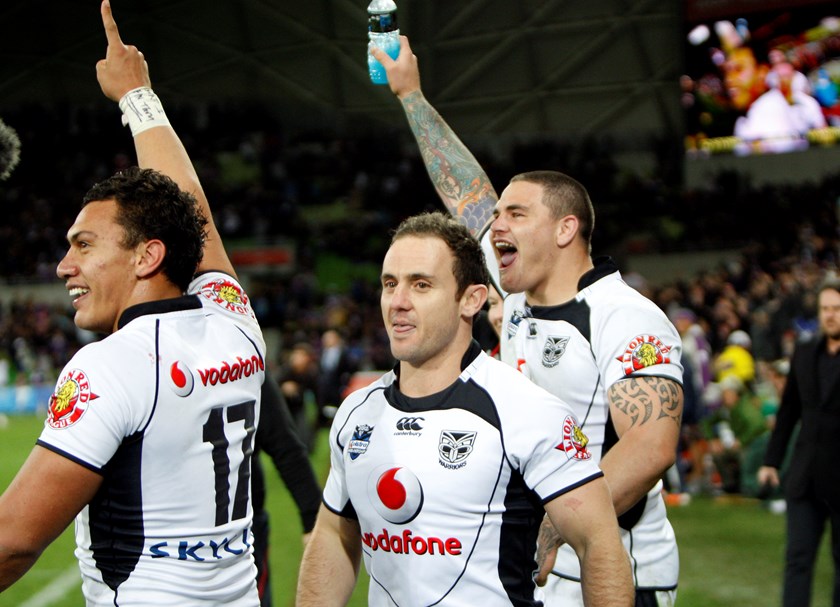 Elijah Taylor and Russell Packer celebrate the Warriors Preliminary Final win over Melbourne, 2011.