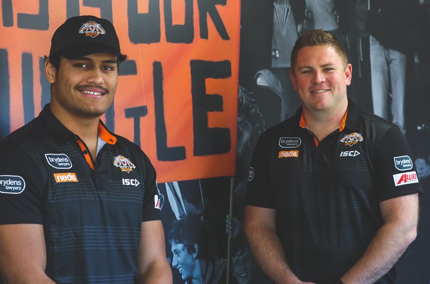 Wests Tigers new recruit Shawn Blore and General Manager — Football Adam Hartigan.