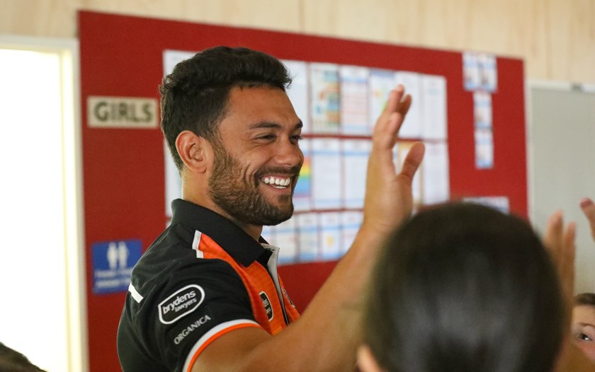 David Nofoaluma at a Wests Tigers community visit