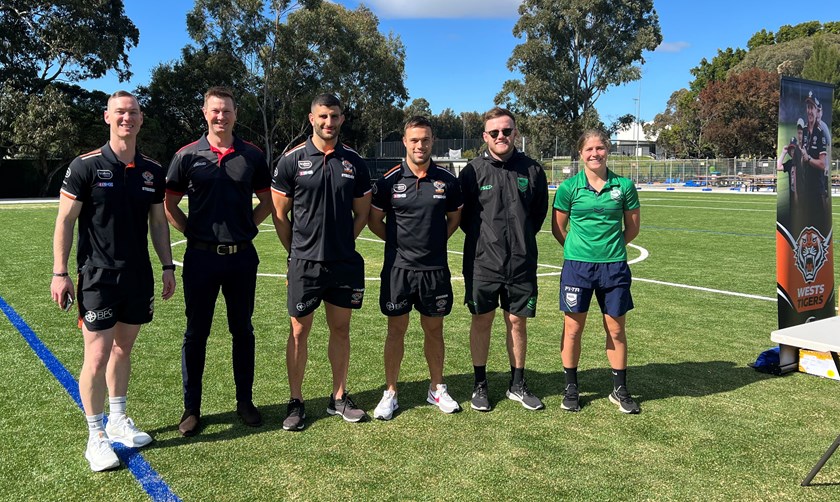 Alex and Luke flanked by Community Manager Keehan Diamond, Steden Rep Nathan Sullivan and NRL Game Development Officers Katherine Smith and D'Arcy Hardman 