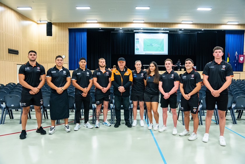 Tim Sheens with Captains (L-R): Tony Sukkar, Kit Laulilii, Luke Laulilii, Josh Feledy, Emily Curtain, Jae Patu, Zac Gibson, Alex Conti, PJ French at St Gregory's College.