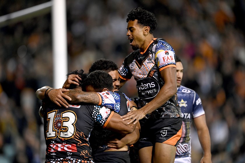 Luke Brooks of the Wests Tigers celebrates during the NRL Round 12 match  between the Wests Tigers and the North Queensland Cowboys at Leichhardt  Oval in Sydney, Saturday, May 20, 2023. (AAP