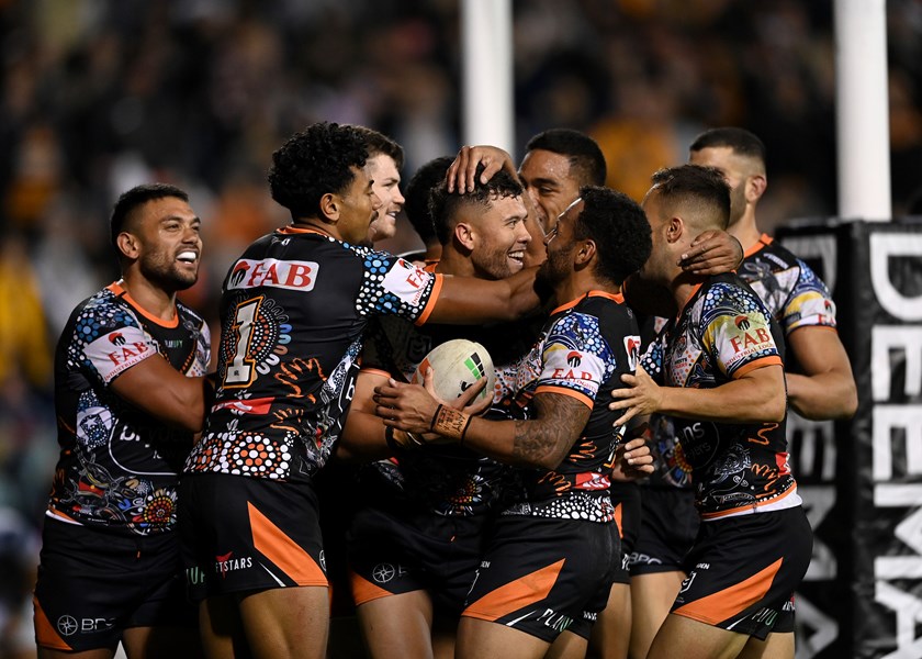 Luke Brooks of the Wests Tigers celebrates during the NRL Round 12 match  between the Wests Tigers and the North Queensland Cowboys at Leichhardt  Oval in Sydney, Saturday, May 20, 2023. (AAP