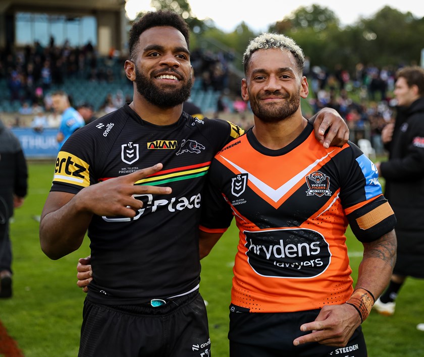 Api with cousin and future Wests Tigers teammate Sunia Turuva after loss in Bathurst