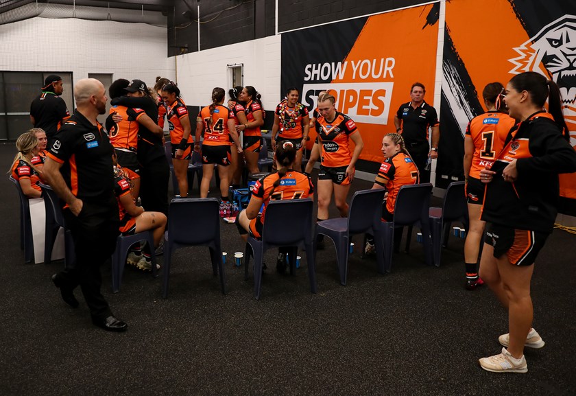 Wests Tigers celebrate victory over the Eels in the club's very first NRLW game in 2023 