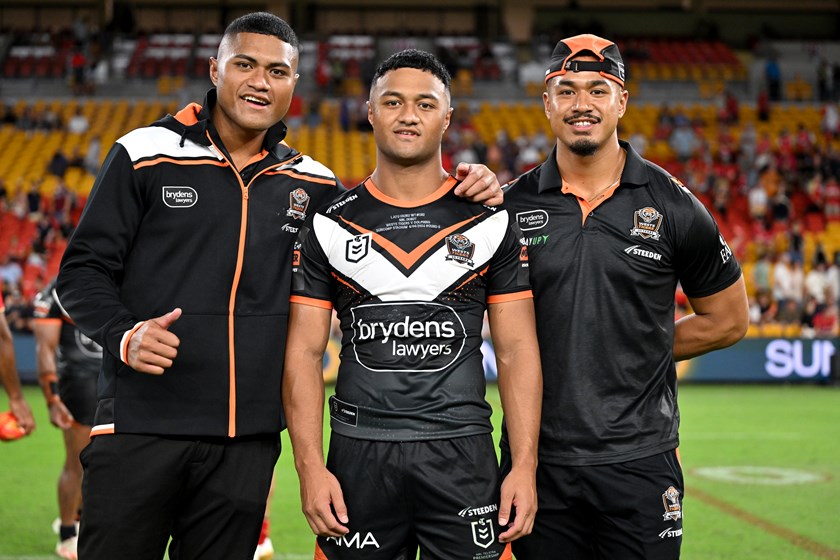 Latu Fainu after his NRL debut in Round 5 alongside brothers Samuela and Sione 