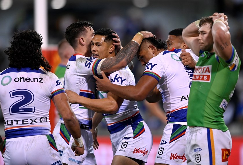 Tuivasa-Sheck celebrates after scoring a try against the Raiders last weekend 