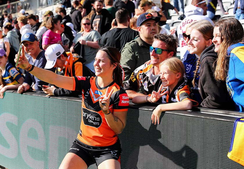 Vette-Welsh celebrates Wests Tigers very first win in the NRLW in Round 1 last year