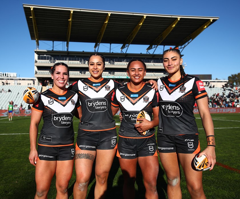 Penitani (second from left) after making her NRLW debut in Round 1 against the Raiders