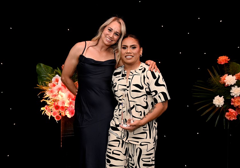 NRLW Player of the Year Sarah Togatuki on stage with Kezie Apps