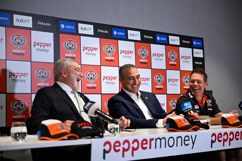 Wests Tigers CEO Shane Richardson with Pepper Money CEO Mario Rehayem and NRLW Coach Brett Kimmorley 