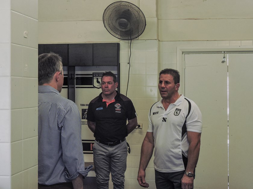 Jason Clare, Brett Kimmorley and Leo Epifania at the Lidcombe Oval funding boost announcement.