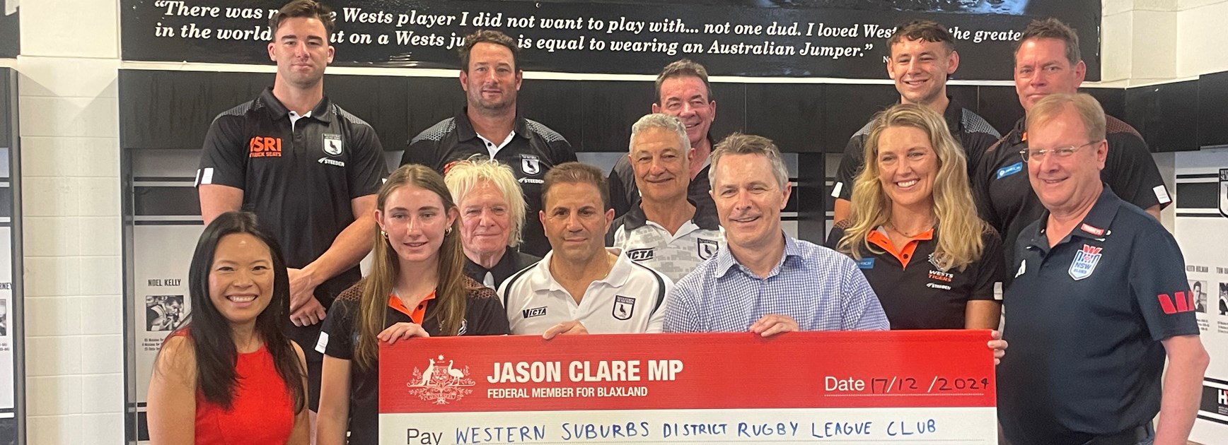 Back (L-R): Wests Magpies player Charlie Murray, Wests Magpies Head Coach Aaron Payne, Wests Magpies board member Bob Cairns, Wests Magpies player Cayne Nicholas, Wests Tigers NRLW Head Coach Brett Kimmorley 

|

Front (L-R): Member for Reid Sally Sitou MP, Wests Tigers Pathways player Ellie Barnett, Wests Tigers board member Dennis Burgess, Wests Magpies General Manager Leo Epifania, Wests Magpies board member Allan Fallah, Federal Minister for Education Jason Clare, Wests Tigers Women's Football Manager Jess Bygate, NSWRL CEO David Trodden