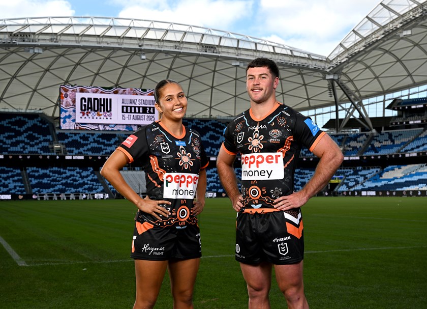 Wests Tigers players Heath Mason and Tallara Bamblett were in attendance at the Gadhu Gathering launch on Monday.